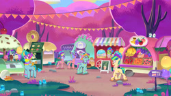 Size: 3072x1727 | Tagged: safe, screencap, berries (g5), delightful trifle, feather clips, luminous dazzle, ollie north, plum library, rufus, sunny styles, 莉芙, earth pony, pegasus, pony, unicorn, diva and conquer, g5, my little pony: tell your tale, spoiler:g5, spoiler:my little pony: tell your tale, spoiler:tyts01e56, female, food, grin, ice cream, male, mare, open mouth, open smile, smiling, stallion, unnamed character