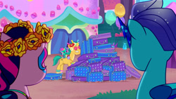 Size: 3072x1727 | Tagged: safe, screencap, fretlock, hitch trailblazer, pipp petals, sparky sparkeroni, dragon, earth pony, pegasus, pony, diva and conquer, g5, my little pony: tell your tale, spoiler:g5, spoiler:my little pony: tell your tale, spoiler:tyts01e56, baby, baby dragon, female, glasses, lip bite, luggage, male, mare, open mouth, stallion