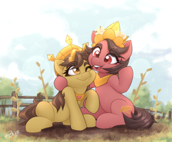Size: 2374x1955 | Tagged: safe, artist:rivin177, oc, oc:nuning, oc:salasika, earth pony, pony, accessory, cloud, convention, couple, crown, dirt, fence, field, grass, indonesia, jewelry, mascot, necklace, nusaponycon, raised hoof, regalia, scenery, sitting, sky, tree