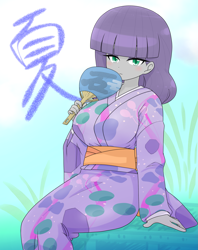 Size: 2227x2816 | Tagged: safe, artist:batipin, maud pie, human, equestria girls, g4, big breasts, blushing, breasts, busty maud pie, clothes, cute, fan, female, hand fan, high res, kimono (clothing), looking at you, maudabetes, solo