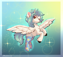 Size: 1527x1383 | Tagged: safe, artist:avui, oc, oc only, alicorn, pony, alicorn oc, clothes, female, horn, looking at you, mare, open mouth, open smile, signature, smiling, smiling at you, socks, solo, sparkles, spread wings, wings