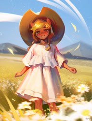 Size: 2480x3247 | Tagged: safe, artist:annna markarova, applejack, earth pony, anthro, g4, chromatic aberration, clothes, cottagecore, cowboy hat, cute, dress, female, flower, happy, hat, high res, jackabetes, open mouth, open smile, pigtails, smiling, solo