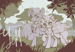 Size: 1429x997 | Tagged: safe, artist:ls_skylight, oc, alicorn, earth pony, pegasus, pony, unicorn, any gender, any race, any species, clothes, commission, park, scarf, together, walking, ych example, ych sketch, your character here