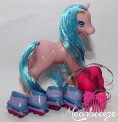 Size: 771x800 | Tagged: safe, photographer:moonbreeze, glittery skater, earth pony, pony, g2, backpack, comb, female, mare, open mouth, photo, roller skates, rollerblades, signature, skates, solo, tinsel in mane, toy