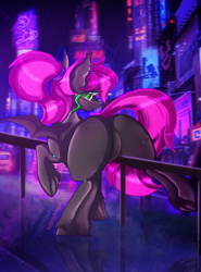 Size: 2000x2700 | Tagged: safe, artist:dankpegasista, oc, oc only, oc:bitwise operator, bat pony, cyborg, pony, bangs, bat ears, bat eyes, billboard, butt, car, city, colored lineart, commission, detailed background, digital art, ear piercing, electronics, featureless crotch, female, frog (hoof), full body, fully shaded, green eyes, hair tie, high res, highlights, long eyelashes, long mane, long tail, looking at you, looking back, looking back at you, manehattan, mare, messy mane, night, piercing, pink hair, plot, ponytail, railing, rain, raised hoof, reflection, shading, shiny mane, signature, skyscraper, smiling, smiling at you, solo, sparkles, spread wings, tail, tail aside, underhoof, unshorn fetlocks, wall of tags, wet, wet mane, wings