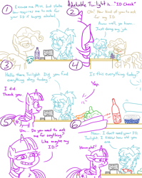 Size: 4779x6013 | Tagged: safe, artist:adorkabletwilightandfriends, mayor mare, twilight sparkle, zephyr breeze, oc, oc:ellen, alicorn, earth pony, pony, comic:adorkable twilight and friends, g4, adorkable, adorkable twilight, age difference, alcohol, blueberry, blushing, carrot, cashier, comic, cute, dork, ear piercing, earring, female, food, funny, glasses, grocery store, humor, id card, jewelry, mare, older, passive aggressive, perturbed, piercing, shopping, slice of life, store, twilight sparkle (alicorn), wine