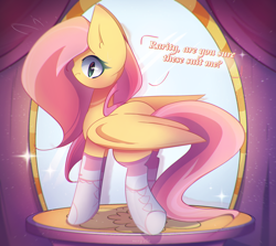Size: 2350x2100 | Tagged: safe, artist:miryelis, fluttershy, pegasus, pony, g4, big ears, blushing, carousel boutique, clothes, cute, female, full body, high res, long hair, mare, mirror, shyabetes, signature, socks, solo, standing, text, wings