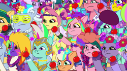 Size: 3000x1678 | Tagged: safe, screencap, alphabittle blossomforth, alpine aspen, cherry flyaway, elderberry blossom, flare (g5), jazz hooves, nightracer, onyx, peach fizz, posey bloom, shiny sparks, strawberry blonde, sugarpuff lilac, thunder flap, windy, earth pony, pegasus, pony, unicorn, diva and conquer, g5, my little pony: tell your tale, spoiler:g5, spoiler:my little pony: tell your tale, spoiler:tyts01e56, female, food, male, mare, pegasus royal guard, pippsqueaks, royal guard, stallion, tomato, unnamed character, unnamed pony