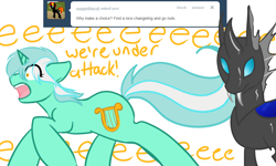 Size: 1000x600 | Tagged: safe, artist:azure-doodle, lyra heartstrings, changeling, pony, g4, screaming, sexually confused lyra, simple background, white background