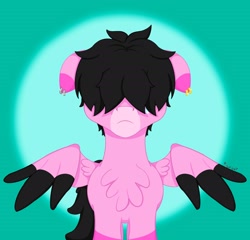 Size: 2812x2700 | Tagged: safe, artist:mistyquest, oc, oc:pink shadow, pegasus, pony, 2023, angst, art fight, artfight, artfight 2023, black hair, black mane, black tail, chest fluff, closing wings, colored muzzle, colored wings, covered eyes, crying, ear piercing, earring, emo, floppy ears, folded wings, front view, frown, halfbody, high res, jewelry, long tail, looking at you, multicolored hair, multicolored wings, muzzle, partially open wings, photo, piercing, pink coat, pink fur, sad, sad face, short hair, short mane, simple background, simple shading, solo, standing, tail, wings, wings down