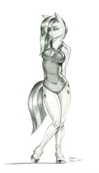 Size: 789x1369 | Tagged: safe, artist:baron engel, marble pie, earth pony, anthro, unguligrade anthro, g4, clothes, female, mare, monochrome, one-piece swimsuit, pencil drawing, simple background, solo, swimsuit, traditional art, white background