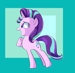 Size: 1885x1851 | Tagged: safe, artist:andromedasparkz, starlight glimmer, pony, unicorn, g4, blue background, cute, female, glimmerbetes, happy, hoof on chest, looking at something, mare, open mouth, raised leg, simple background, solo, squee