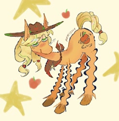 Size: 2016x2048 | Tagged: safe, artist:puppetizer, applejack, earth pony, pony, g4, alternate cutie mark, alternate design, alternate hairstyle, apple, bandana, braid, braided tail, cowboy hat, food, hat, high res, ponytails, redesign, solo, stars, tail