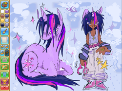 Size: 2048x1535 | Tagged: safe, artist:puppetizer, twilight sparkle, human, pony, unicorn, g4, alternate hairstyle, animal jam, belt, clothes, dark skin, eared humanization, headphones, horn, horned humanization, humanized, lying down, pony ears, solo, stars, tank top, unicorn horn, unicorn twilight