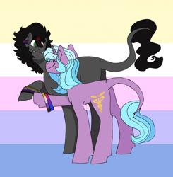 Size: 1280x1306 | Tagged: safe, artist:gammanullzero, idw, king sombra, radiant hope, pony, unicorn, g4, bisexual, bisexual pride flag, butt, duo, fangs, heterochromia, leonine tail, nonbinary, nonbinary pride flag, plot, pride, pride flag, ship:hopebra, shipping, tail