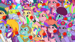 Size: 800x450 | Tagged: safe, screencap, alphabittle blossomforth, alpine aspen, cherry flyaway, elderberry blossom, flare (g5), jazz hooves, nightracer, onyx, peach fizz, posey bloom, shiny sparks, strawberry blonde, sugarpuff lilac, thunder flap, windy, earth pony, pegasus, pony, unicorn, diva and conquer, g5, my little pony: tell your tale, spoiler:g5, spoiler:my little pony: tell your tale, spoiler:tyts01e56, animated, face paint, female, filly, floral head wreath, flower, foal, food, gif, jewelry, male, mare, necklace, one of these things is not like the others, pegasus royal guard, pippsqueaks, posey bloom is not amused, royal guard, stallion, tomato, unamused, unnamed character, unnamed pony