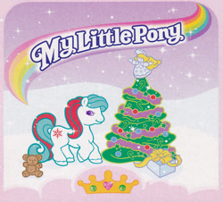 Size: 678x612 | Tagged: safe, sweet snowflake, angel, earth pony, pony, g2, official, backcard, christmas, christmas tree, female, filly, foal, holiday, plushie, present, raised hoof, snow, solo, teddy bear, tree, unshorn fetlocks