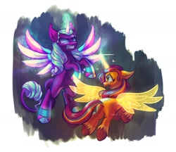 Size: 2006x1736 | Tagged: safe, artist:sidruni, opaline arcana, sunny starscout, alicorn, pony, g5, butt, duo, duo female, female, fight, flying, frown, glowing, glowing horn, horn, looking at each other, looking at someone, magic, magic aura, mane stripe sunny, mare, plot, race swap, spread wings, sunnycorn, teeth, wings