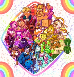 Size: 1971x2048 | Tagged: safe, artist:sidruni, minty, pinkie pie, sparkleworks, tempest shadow, tree hugger, bird, cat, chicken, dog, earth pony, fox, human, humanoid, octopus, pony, robot, unicorn, anthro, semi-anthro, g3, g4, adventure time, animatronic, anime, anthro with ponies, australian cattle dog, betcha can't make a face crazier than this, blue's clues, bluey, bluey heeler, chica, chocolate, clawdeen wolf, color wheel, color wheel challenge, cookie monster, crossover, cupcake, five nights at freddy's, food, foxy, frankie stein, garfield, green puppy, grimace (mcdonald's), grimace shake, krabby patty, m&m's, magical girl, mami tomoe, mcdonald's, meme, monster, monster high, orange m&m, oswald, plankton, princess bubblegum, puella magi madoka magica, sesame street, sponge, spongebob squarepants, spongebob squarepants (character), trigun, vash the stampede