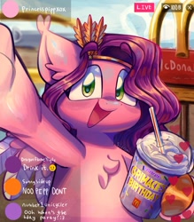 Size: 1499x1715 | Tagged: safe, artist:sidruni, pipp petals, pegasus, pony, g5, female, grimace shake, implied izzy moonbow, implied opaline arcana, implied sunny starscout, livestream, mare, mcdonald's, meme, solo, wings