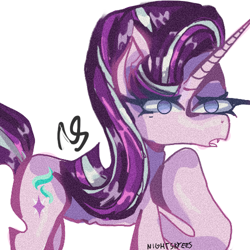 Size: 500x500 | Tagged: safe, artist:nightskyees, starlight glimmer, pony, unicorn, g4, chest fluff, female, hairstyle, hooves, lineart, mane, mare, open mouth, raised hoof, raised leg, shading, simple background, solo, thinking, white background