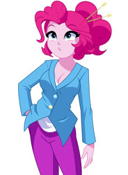 Size: 1348x1827 | Tagged: safe, artist:rosemile mulberry, pinkie pie, human, equestria girls, g4, alternate hairstyle, breasts, business suit, cleavage, clothes, coat, cute, drumsticks, female, hand on hip, older, older pinkie pie, pants, pursed lips, simple background, solo, suit, white background