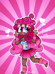 Size: 768x1024 | Tagged: safe, artist:yincokkie, pinkie pie, human, g4, alternate hairstyle, barefoot, clothes, cute, dark skin, diapinkes, ear piercing, earring, feet, female, four fingers, freckles, headband, heart, humanized, jewelry, leg warmers, open mouth, piercing, skirt, solo, tank top