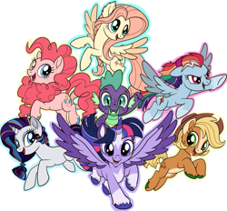 Size: 927x862 | Tagged: safe, artist:gammanullzero, applejack, fluttershy, pinkie pie, rainbow dash, rarity, spike, twilight sparkle, alicorn, dragon, earth pony, pegasus, pony, unicorn, g4, alternate design, fangs, mane seven, mane six, outline, redraw, septet, simple background, transparent background, twilight sparkle (alicorn)