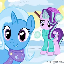 Size: 1080x1080 | Tagged: safe, artist:magicalight_duo, starlight glimmer, trixie, pony, unicorn, g4, clothes, glowing, glowing horn, horn, magic, magic aura, scarf, selfie, snow, snowball, snowball fight, telekinesis, winter