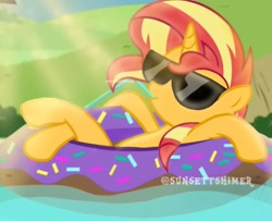 Size: 1080x879 | Tagged: safe, artist:estories, artist:moondash, artist:sunsettshimer, sunset shimmer, pony, unicorn, g4, base used, female, floaty, pool toy, solo, sunglasses