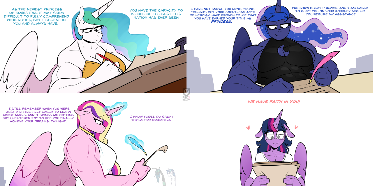 [alicorn,anthro,changeling,changeling queen,dialogue,female,floppy ears,g4,glasses,glowing,glowing horn,heart,horn,letter,levitation,magic,magic aura,meme,muscles,princess cadance,princess celestia,princess luna,queen chrysalis,quill,reading,safe,shining armor,simple background,telekinesis,twilight sparkle,unicorn,white background,wings,writing,ponified meme,princess musclestia,princess muscle moona,lidded eyes,panels,artist:redxbacon,princess ca-dense,smiling,vein bulge,floating heart,twilight sparkle (alicorn),muscular female]