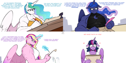 Size: 2592x1296 | Tagged: safe, artist:redxbacon, princess cadance, princess celestia, princess luna, queen chrysalis, shining armor, twilight sparkle, alicorn, changeling, changeling queen, unicorn, anthro, g4, 4 panel comic, buff guys help out nerdy kid, comic, dialogue, encouragement, female, floating heart, floppy ears, glasses, glowing, glowing horn, heart, heartwarming, horn, letter, levitation, lidded eyes, magic, magic aura, meme, muscles, muscular female, panels, ponified meme, princess ca-dense, princess muscle moona, princess musclestia, quill, reading, simple background, smiling, telekinesis, twilight sparkle (alicorn), vein bulge, white background, wholesome, wings, writing