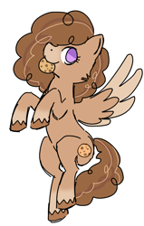 Size: 1529x2400 | Tagged: safe, artist:reponer, derpibooru exclusive, oc, oc only, pegasus, pony, brown fur, brown mane, colored, colored sketch, cookie, curly hair, female, flying, food, pegasus oc, purple eyes, raised hooves, simple background, sketch, solo, spread wings, white background, wings