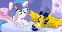 Size: 1980x1020 | Tagged: safe, artist:mlplary6, princess flurry heart, oc, oc:star sparkle, alicorn, pegasus, pony, g4, alicorn wings, baby, baby pony, bed, cousins, female, filly, filly flurry heart, foal, looking at each other, looking at someone, lying down, offspring, older, older flurry heart, parent:flash sentry, parent:twilight sparkle, parents:flashlight, smiling, smiling at each other, wings