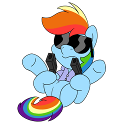 Size: 900x900 | Tagged: safe, artist:unitxxvii, rainbow dash, pegasus, pony, g4, clothes, featureless crotch, female, filthy frank, gun, mare, meme, ponified, ponified meme, pose, shirt, simple background, solo, sunglasses, transparent background, weapon