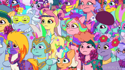 Size: 520x293 | Tagged: safe, screencap, alphabittle blossomforth, alpine aspen, cherry flyaway, elderberry blossom, flare (g5), jazz hooves, nightracer, onyx, peach fizz, posey bloom, shiny sparks, strawberry blonde, sugarpuff lilac, thunder flap, windy, earth pony, pegasus, pony, unicorn, diva and conquer, g5, my little pony: tell your tale, spoiler:g5, spoiler:my little pony: tell your tale, spoiler:tyts01e56, animated, eyeshadow, face paint, female, filly, foal, food, makeup, male, mare, pegasus royal guard, pippsqueaks, royal guard, stallion, tomato, unnamed character, unnamed pony