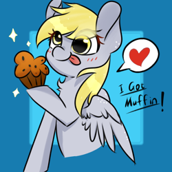 Size: 1080x1080 | Tagged: safe, artist:twiliset, derpy hooves, pegasus, pony, g4, blue background, blushing, cute, food, happy, heart, muffin, saying, simple background, solo, stars, that pony sure does love muffins, tongue out