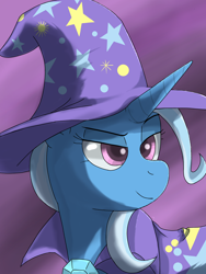 Size: 1536x2048 | Tagged: source needed, safe, artist:soursweet cheese, trixie, pony, unicorn, g4, bust, cape, clothes, female, hat, mare, portrait, smiling, solo, trixie's brooch, trixie's cape, trixie's hat