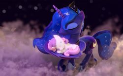 Size: 2880x1800 | Tagged: safe, artist:xppp1n, princess luna, sweetie belle, alicorn, pony, unicorn, g4, 3d, blender, blender cycles, cloud, cute, diasweetes, female, filly, foal, lunabetes, mare, night, sleeping, sweet dreams fuel, wing hold, wings