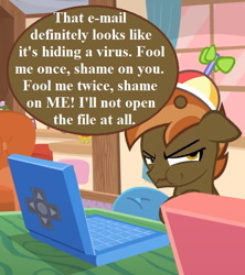 Size: 576x648 | Tagged: safe, artist:jan, edit, button mash, earth pony, pony, don't mine at night, g4, button mash is not amused, colt, computer, curtains, foal, hat, laptop computer, male, malware, propeller hat, thought bubble, trojan (malware), unamused
