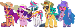 Size: 1450x551 | Tagged: safe, edit, edited screencap, editor:pascalmulokozi2, screencap, hitch trailblazer, izzy moonbow, pipp petals, sparky sparkeroni, sunny starscout, zipp storm, dragon, earth pony, pegasus, pony, unicorn, g5, my little pony: tell your tale, ponytropico, spoiler:g5, spoiler:my little pony: tell your tale, spoiler:tyts01e52, background removed, bag, female, hat, luggage, male, mane five, mane stripe sunny, mare, not a vector, shocked, shocked expression, simple background, smiling, stallion, sunglasses, transparent background, vacation