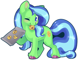 Size: 2765x2150 | Tagged: safe, artist:cutepencilcase, oc, oc only, earth pony, pony, artfight, cookie, food, high res, hoof hold, mouth hold, simple background, solo, transparent background, tray