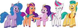 Size: 1676x620 | Tagged: safe, edit, edited screencap, screencap, hitch trailblazer, izzy moonbow, pipp petals, sunny starscout, zipp storm, earth pony, pegasus, pony, unicorn, clip trot, g5, my little pony: tell your tale, spoiler:g5, spoiler:my little pony: tell your tale, spoiler:tyts01e07, background removed, cellphone, episode needed, female, male, mane five, mane stripe sunny, mare, not a vector, phone, stallion