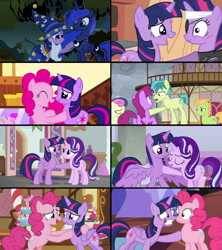 Size: 1276x1434 | Tagged: safe, screencap, berry punch, berryshine, bon bon, peppe ronnie, pinkie pie, princess luna, sandbar, starlight glimmer, sweetie drops, twilight sparkle, alicorn, earth pony, pegasus, pony, unicorn, cakes for the memories, g4, griffon the brush off, it's about time, luna eclipsed, marks for effort, my little pony: friendship is forever, party pooped, school raze, the ending of the end, background pony, bipedal, boop, butt, cake, cloud, cloudy, cut, discovery family, discovery family logo, duo, duo female, eyes closed, faic, female, folded wings, food, friendship student, future twilight, golden oaks library, grin, happy, holding a pony, hoof on chest, hoof to heart, logo, male, mare, nervous, nervous smile, noseboop, plot, poking, ponyville, ponyville town hall, school of friendship, scrunchy face, smiling, soapbox, spread wings, stallion, star swirl the bearded costume, sugarcube corner, town hall, twilight sparkle (alicorn), twilight's castle, unicorn twilight, watermark, wings