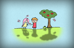 Size: 1500x977 | Tagged: safe, artist:melinjamin, big macintosh, fluttershy, butterfly, human, g4, 2011, apple, apple tree, blushing, female, heart, holding hands, humanized, male, ship:fluttermac, shipping, stick figure, straight, tree