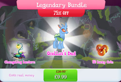 Size: 1267x860 | Tagged: safe, gameloft, carapace (g4), changedling, changeling, g4, my little pony: magic princess, official, bundle, bush, costs real money, english, horn, lantern, lucky coins, male, mobile game, numbers, sale, solo, text