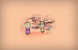 Size: 1500x977 | Tagged: safe, artist:melinjamin, owlowiscious, spike, human, g4, 2011, brown background, dialogue, duo, golden oaks library, humanized, male, stick figure