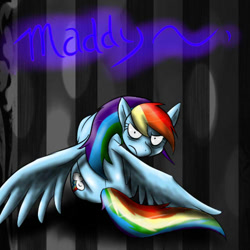 Size: 500x500 | Tagged: safe, artist:silverfangwrathwolf1, rainbow dash, pegasus, pony, g4, abstract background, angry, frown, looking at you, looking back, looking back at you, old art, solo
