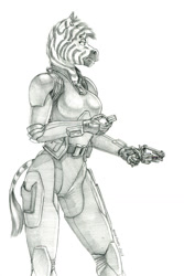 Size: 900x1351 | Tagged: safe, artist:baron engel, oc, oc only, oc:akata, zebra, anthro, fallout equestria, ear piercing, earring, female, grayscale, gun, handgun, jewelry, monochrome, pencil drawing, piercing, pistol, revolver, simple background, solo, stealth suit, traditional art, weapon, white background, zebra oc