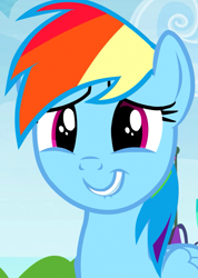 Size: 764x1074 | Tagged: safe, screencap, rainbow dash, pegasus, pony, g4, season 4, trade ya!, cropped, cute, dashabetes, eye shimmer, female, hnnng, lip bite, mare, rainbow dash is best facemaker, smiling